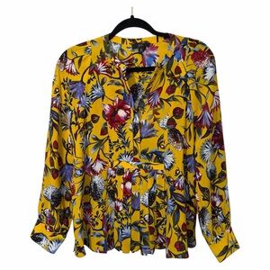 J Crew Silk Blouse Women XS Pullover Button Floral Yellow Pleat Boxy Band Collar